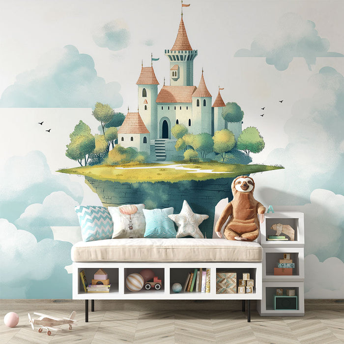 Mural Wallpaper floating castle | Illustration of a fairy tale castle surrounded by clouds