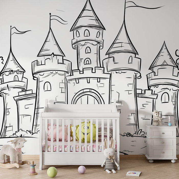 Mural Wallpaper castle | Illustrations of medieval castle in black and white