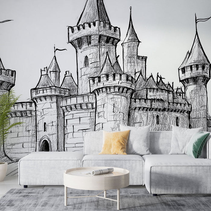 Carta da parati castello medievale | Disegno stilizzato di un castello con torri e bandiere