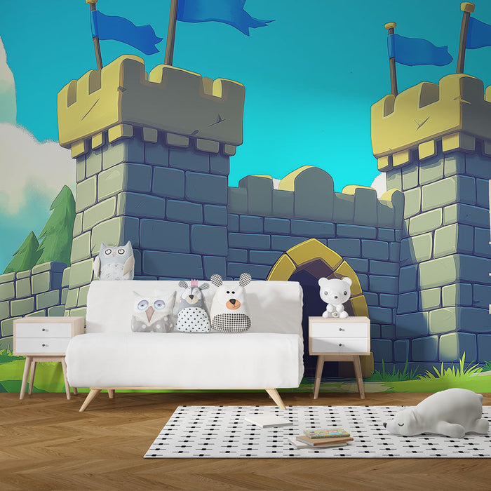 Tapeta medievalni-hrad | Barevná ilustrace hradu s vlajkami a modrou oblohou