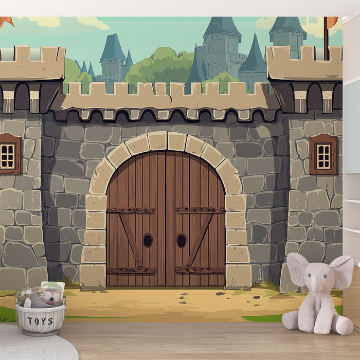 Falikép középkori kastély | Kőkastély ajtó illusztrációja zöld növényzettel körülvéve