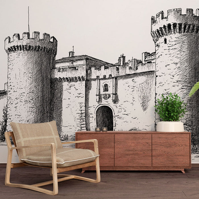 Falfestmény középkori-kastély | Részletes illusztráció egy kastélyról tornyokkal és kőfalakkal