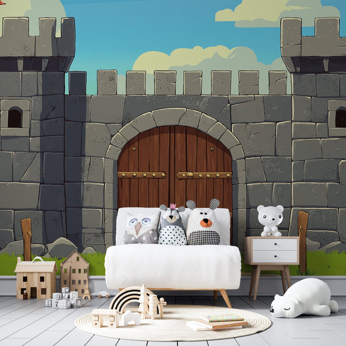 Falikép középkori kastély | Fa kapu és kőtornyok