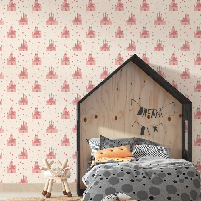 Mural Wallpaper château | Romantic motif of pink castles on a light background