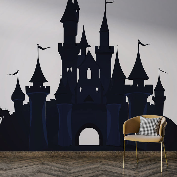 Falfestmény titokzatos-kastely | Egy impozáns kastély sziluettje tornyokkal és zászlókkal