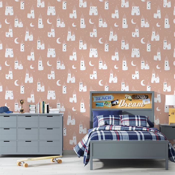 Mural Wallpaper castles | White castles on a pink background with crescent moons