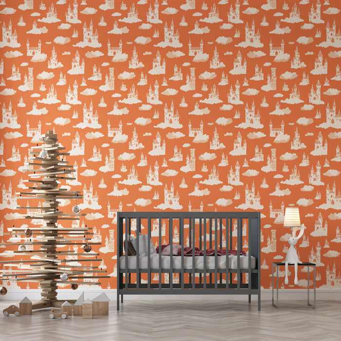 Mural Wallpaper castles in the clouds | Magnificent pattern of dreamy castles on a coral background