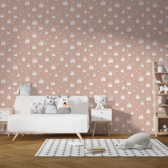 Mural Wallpaper castles | Castle and heart motif on pastel background