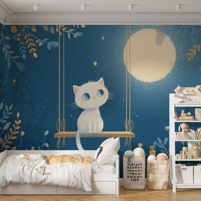 Mural Wallpaper kitten under the moon | White cat sitting on a swing under a starry night sky