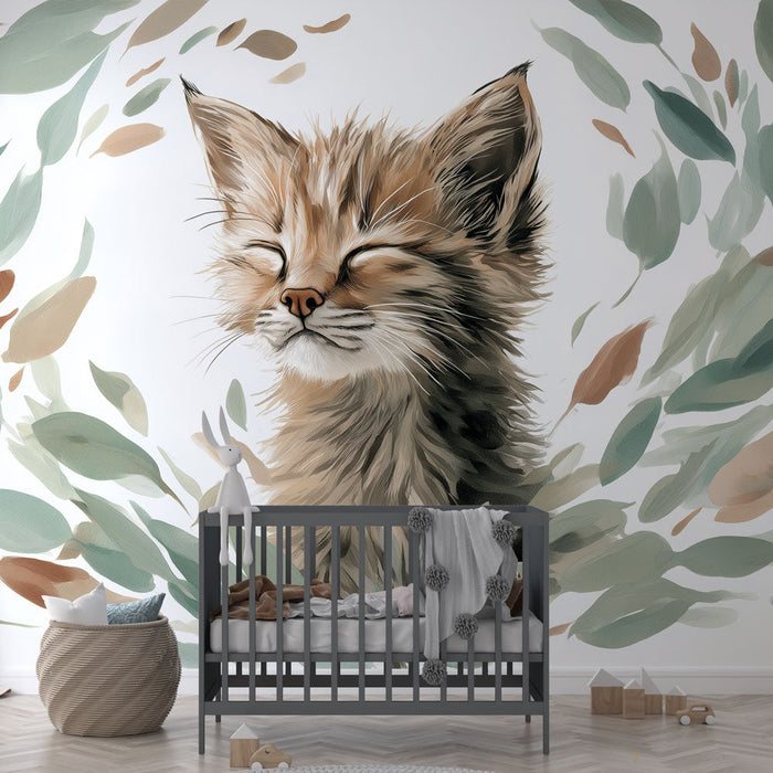 Tapeta z kociątkiem | Urocze kociątko otoczone delikatnymi liśćmi