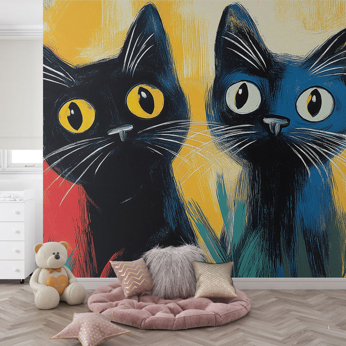 Ταπετσαρία τοιχογραφίας πολύχρωμες γάτες | Κομψές γάτες σε ζωντανό φόντο