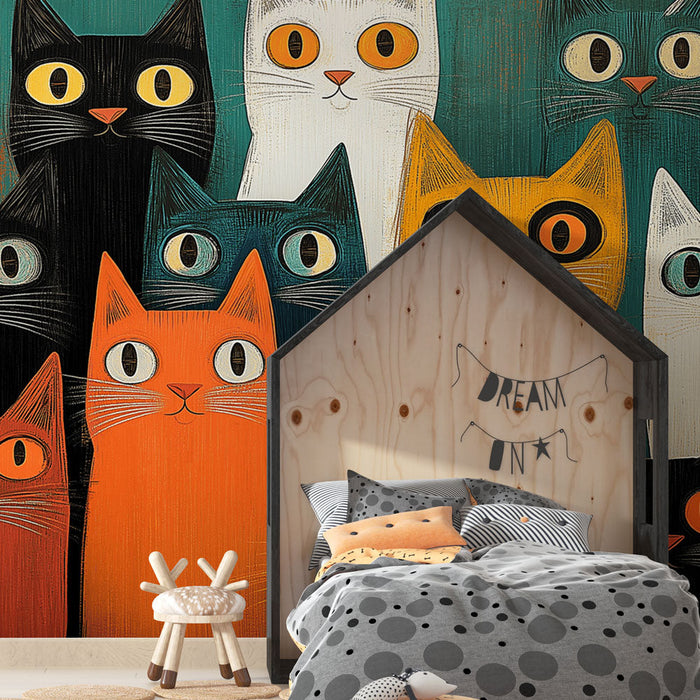 Tapeta s pisanimi mačkami | Igriv vzorec mačk v različnih barvah