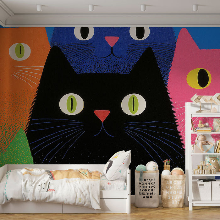 Mural Wallpaper colorful cats | Vibrant pattern of cat heads in bright colors