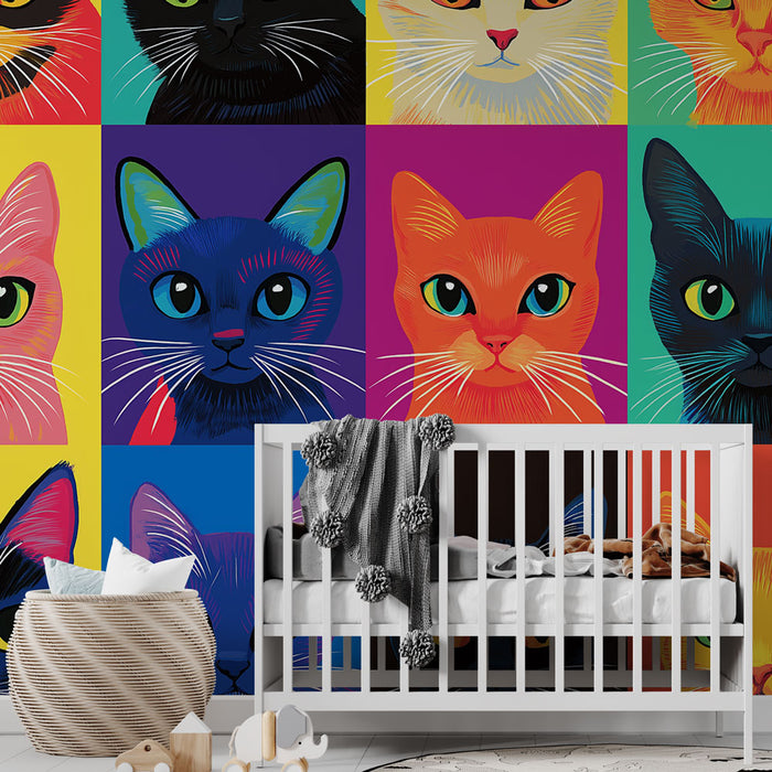 Tapeta s pisanimi mačkami | Stilizirani vzorci mačk v živahnih barvah