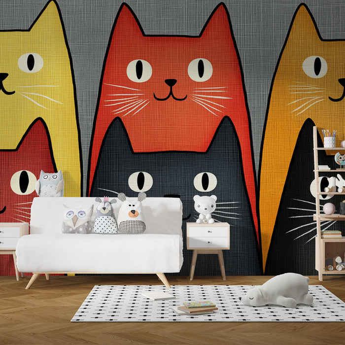 Värvilised kassid fototapeet | Mängulised mustrid stiiliseeritud kassidest erksates värvides