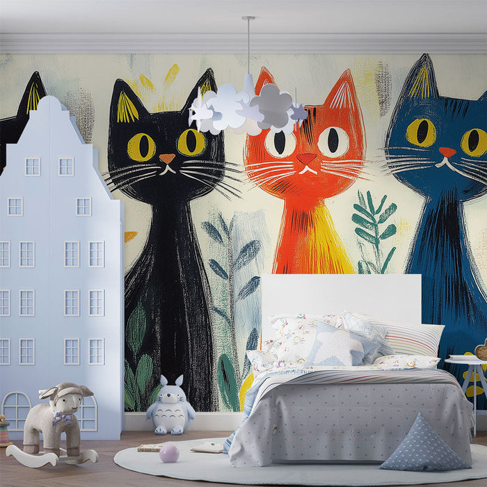 Fototapeet värvikad kassid | Neli stiliseeritud kassi, keda ümbritsevad erksad lehed