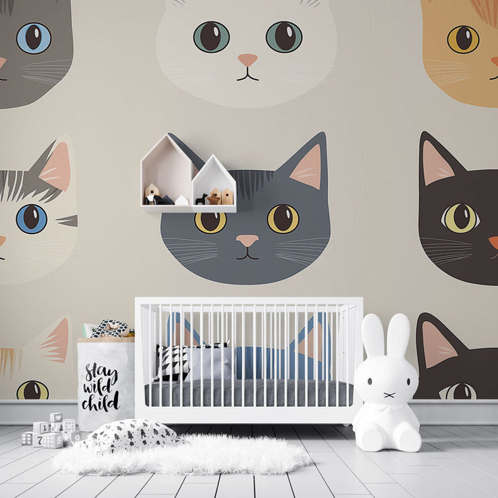 Tapet farverige katte | Stiliserede kattehoveder i forskellige farver