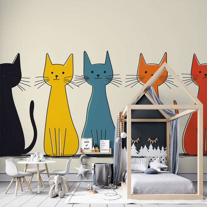 Tapete bunte Katzen | Eine Kette von leuchtenden Farben mit Silhouetten von entzückenden Katzen