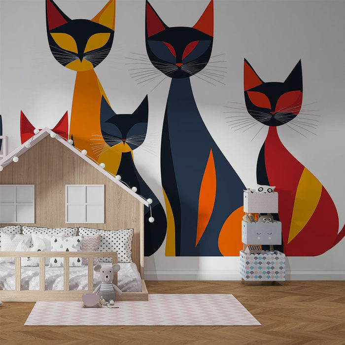 Värvilised kassid tapeet | Kaasaegne kompositsioon stiliseeritud kassisiluettidest