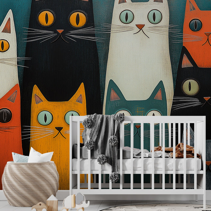 Seinapilt värvilised kassid | Mänguline illustratsioon stiiliseeritud kassidest erksates värvides