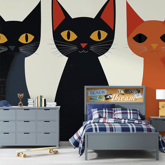 Tapete grafische Katzen | Stilisiertes Muster von drei bunten Katzen
