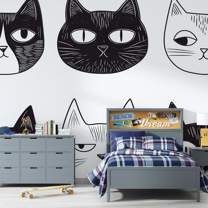 Illustreret kattevægmaleri | Stiliserede katteansigter i sort og hvid