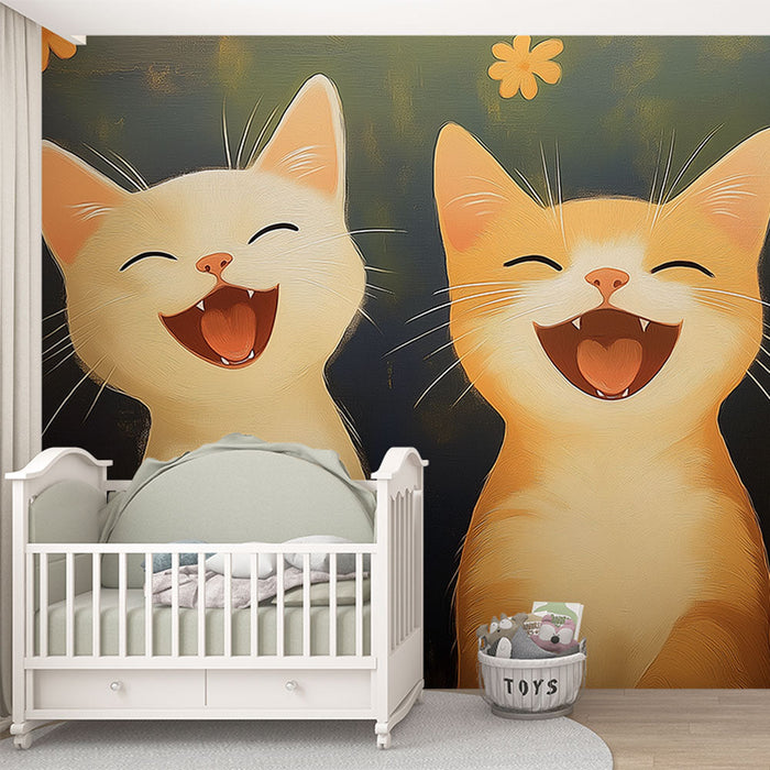 Tapeta sretnih mačaka | Tri slatka nasmijana mačka na šarenom pozadini