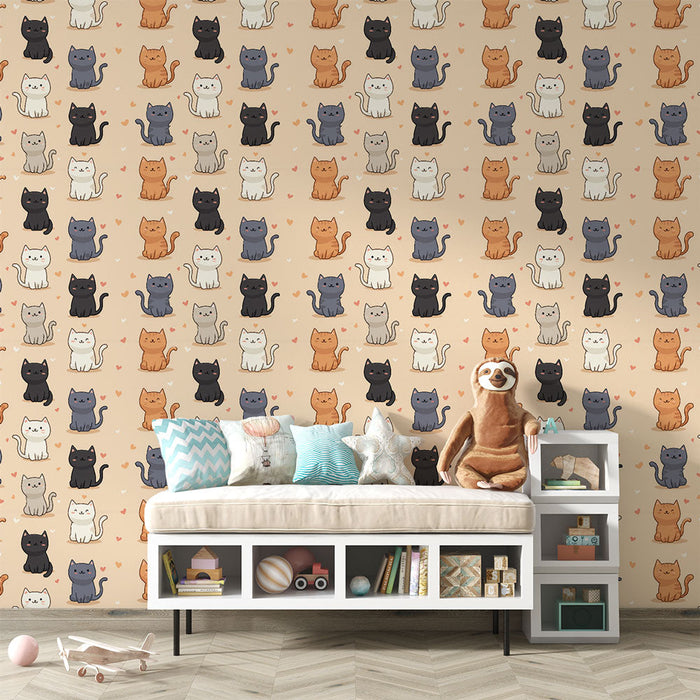 Tapete süße Katzen | Verspieltes Muster bunter Katzen umgeben von kleinen Herzen