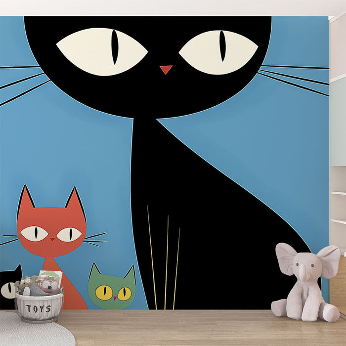 Tapetti kissat | Värikäs kuvio stilisoitujen kissojen sinisellä taustalla