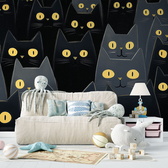 Tapeta z kotami | Wzór czarnych kotów z dużymi żółtymi oczami
