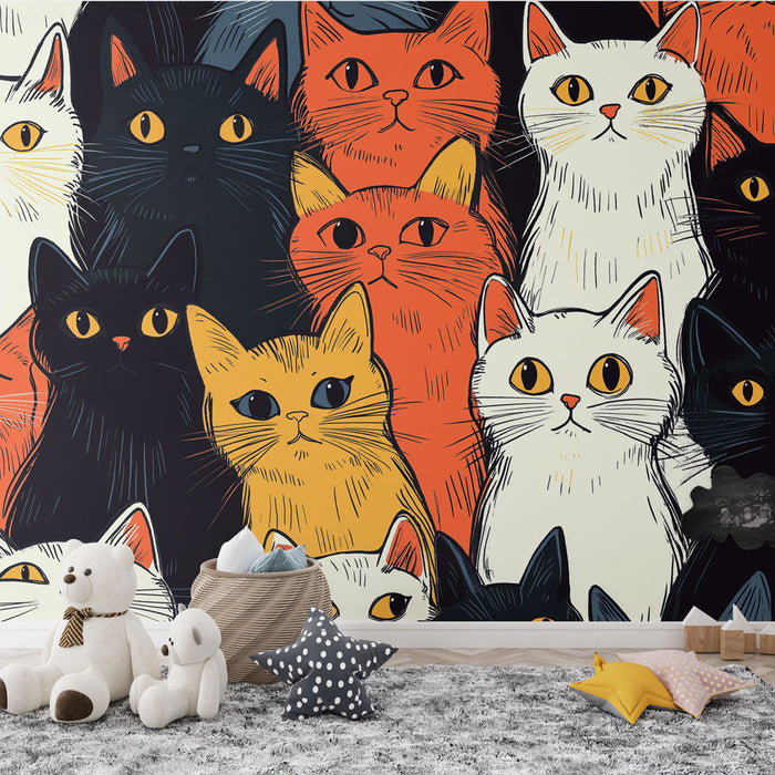 Mural Wallpaper cats | Playful pattern of colorful cats with bright eyes