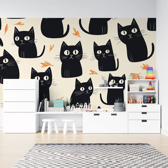 Fototapet siyah kediler | Minimalist kediler ve yapraklarla oynak deseni
