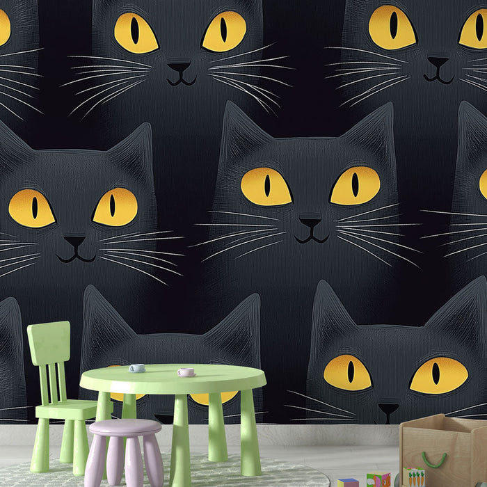 Fototapet siyah kediler | Koyu bir arka plan üzerinde sarı gözlü stilize kedi desenleri