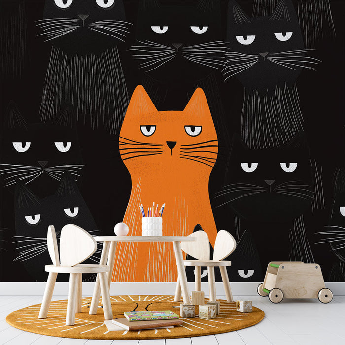 Фототапет котки | Оранжева котка, заобиколена от силуети на черни котки
