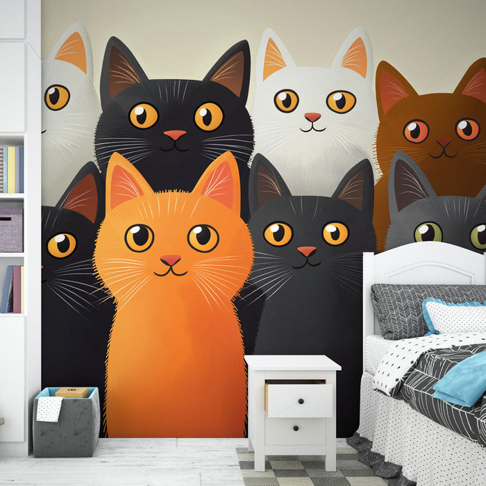 Papel pintado gatos | Un grupo de gatos de diferentes colores con grandes ojos expresivos