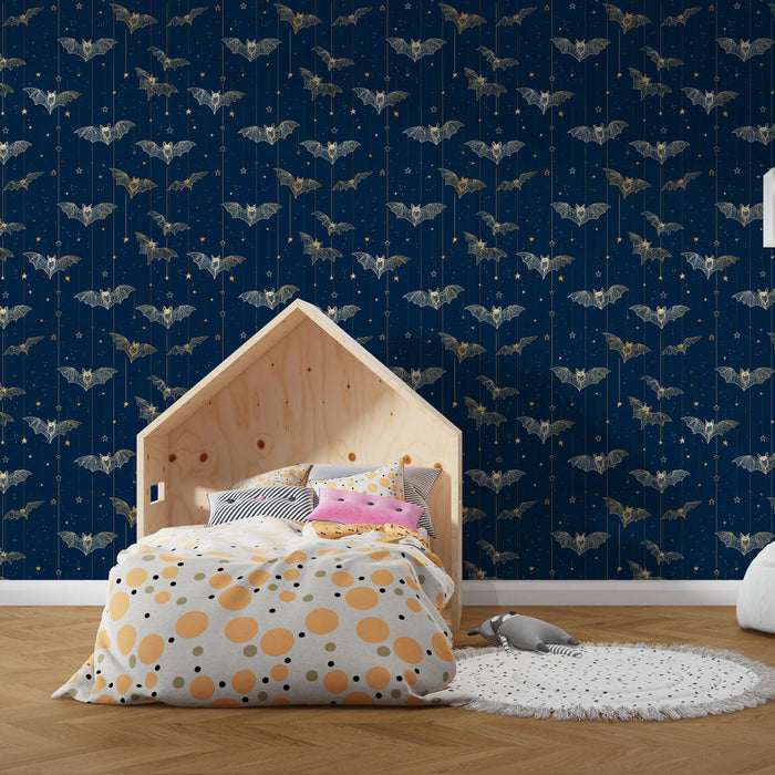 Tapet cu chauves-souris elegante | Motive elegante de lilieci pe un fundal albastru închis