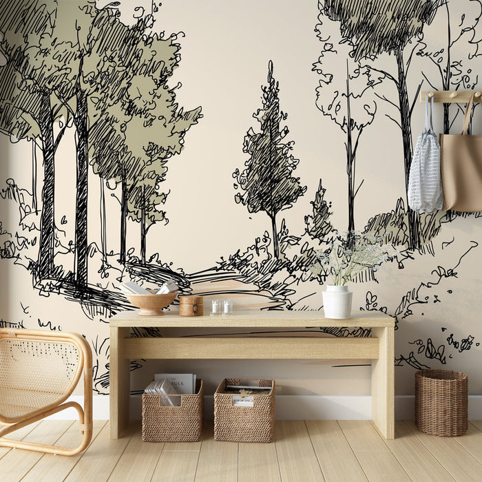 Tapete μονόπατο δάσους | Φύση σε μαύρο και άσπρο με μια πινελιά πράσινου