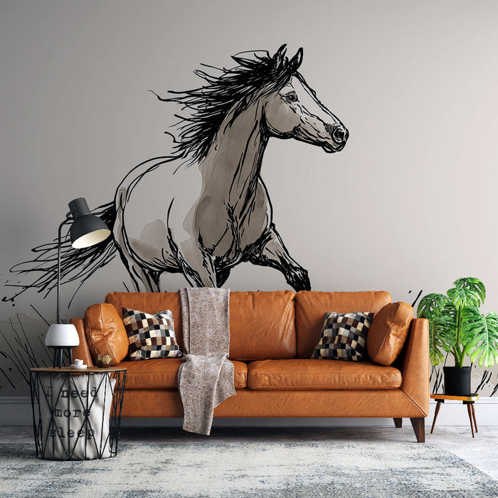 Fototapete Pferd | Künstlerische Illustration eines galoppierenden Pferdes auf einer Wiese