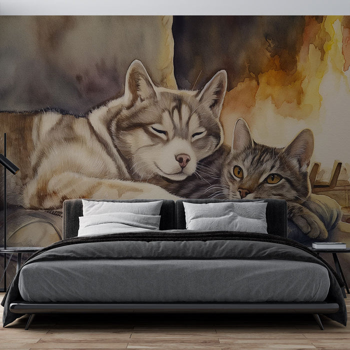 Mural Wallpaper dog and cat | By the fireplace