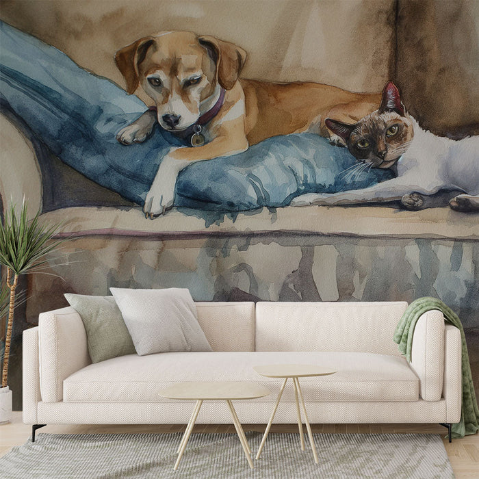 Mural Wallpaper dog and cat | Nap on the sofa