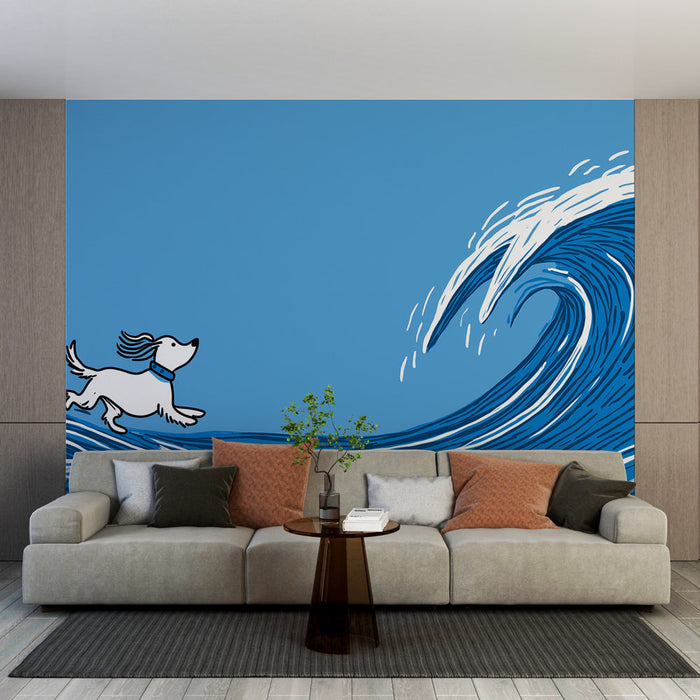 Tapete σκυλί και κύματα | Ένα παιχνιδιάρικο σκυλί που τρέχει πάνω σε στιλιζαρισμένα κύματα