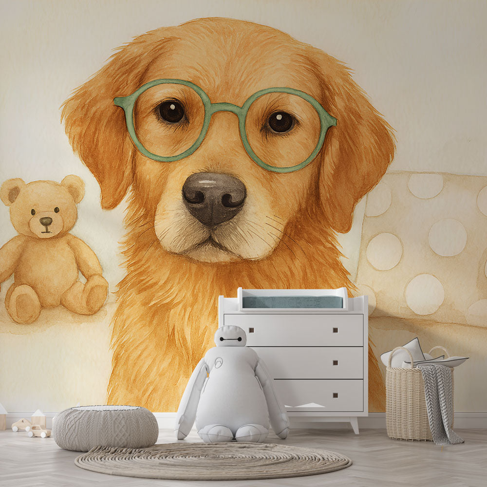 Fototapet søt hund | En sjarmerende valp med briller omgitt av leker —  WonderMural, image size:1000x1000