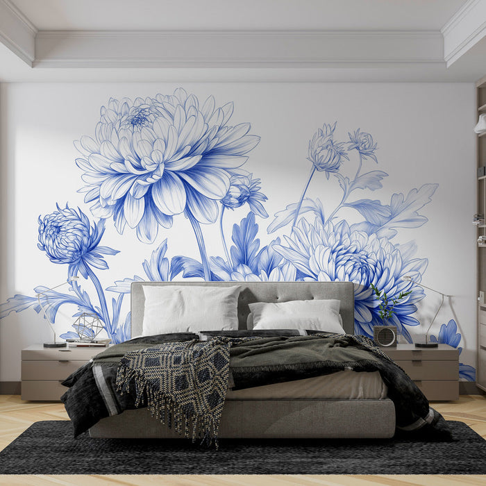 Mural Wallpaper blue chrysanthemums | Detailed flowers on white background