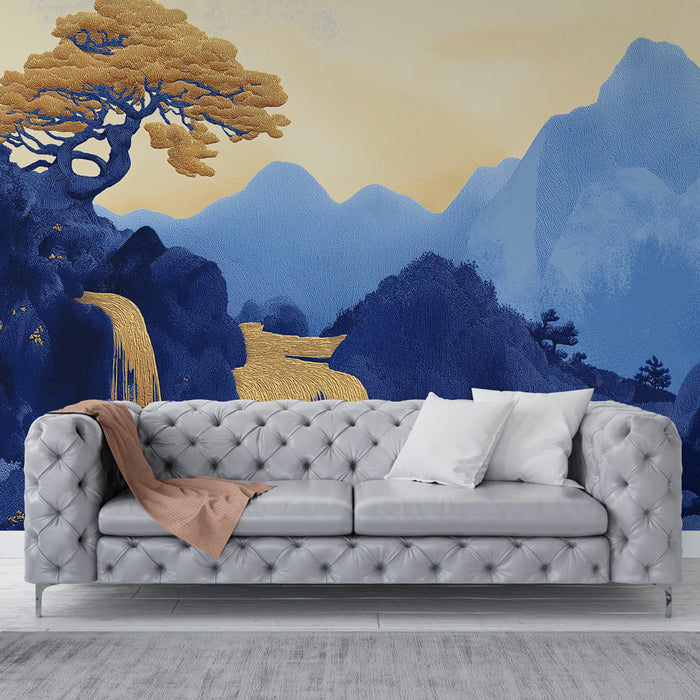 Fototapet fossefall | Gylden kaskade og blå fjell