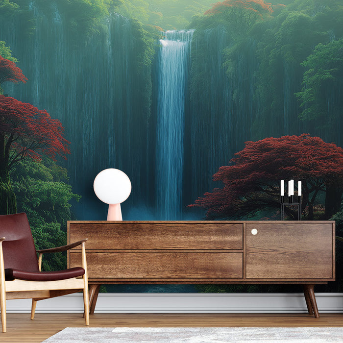 Tapete wasserfall | Majestätischer Wasserfall umgeben von roten und üppig grünen Bäumen