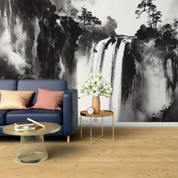 Fototapet foss | Svart-hvitt illustrasjon av en foss overhengt av trær