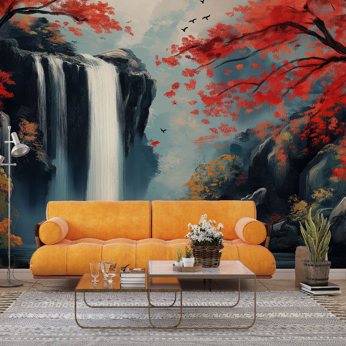 Tapete wasserfall | Beruhigende Landschaft mit Wasserfall und Herbstlaub