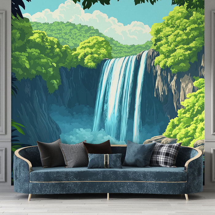 Ταπετσαρία τοίχου καταρράκτης | Ένα τροπικό τοπίο με καταρράκτη και πλούσια βλάστηση