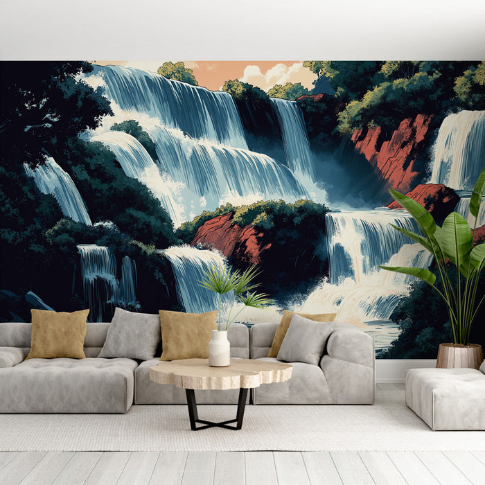 Papel de parede cascatas | Cachoeira majestosa entre rochas vermelhas e folhagem exuberante