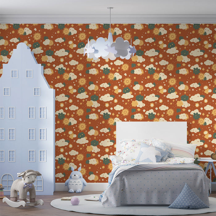 Tapete sonniger Himmel | Farbenfrohes Muster aus Wolken und Sonnen auf rostigem Hintergrund